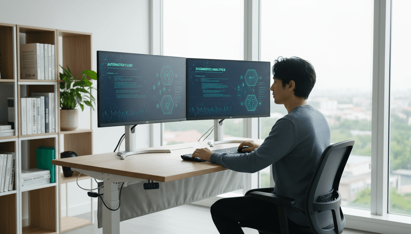 Modern workspace with AI automation software displayed on monitors