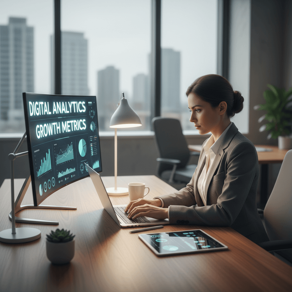 E-commerce business owner reviewing analytics and growth metrics on laptop
