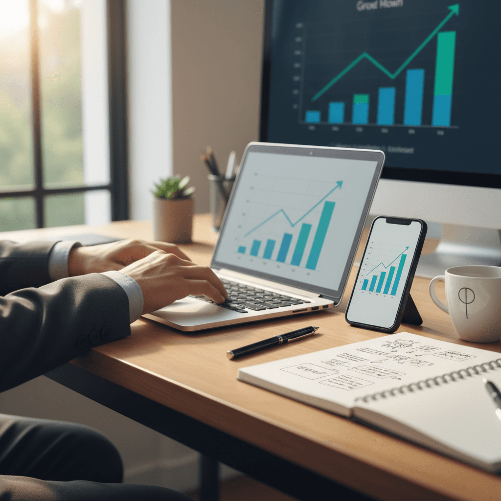 Business owner reviewing e-commerce metrics and growth analytics on laptop