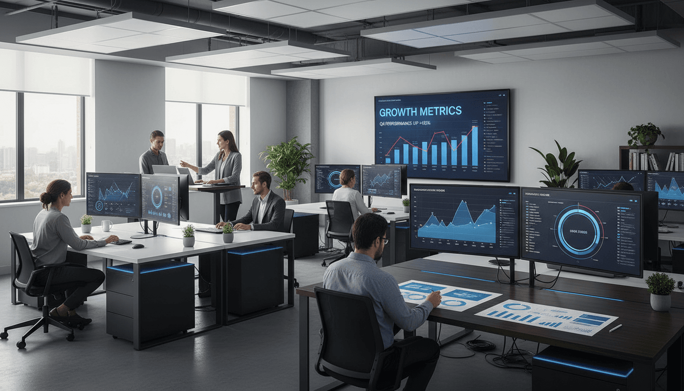 Digital marketing workspace with analytics dashboards and performance metrics